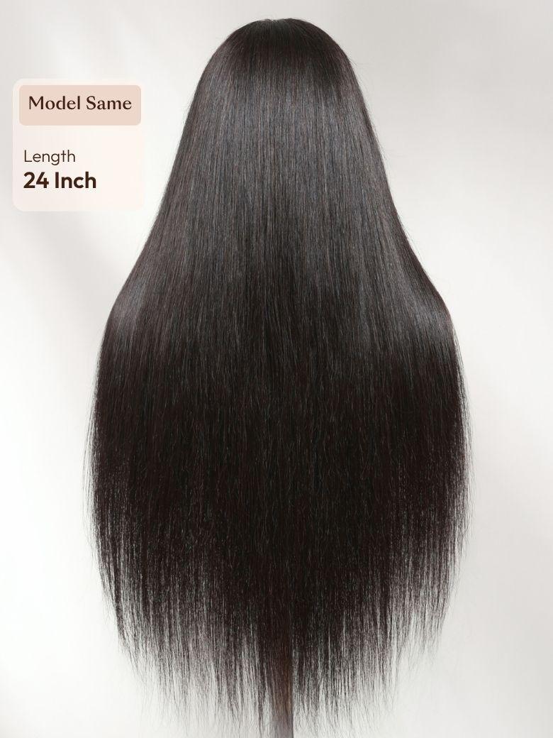 A model displays the UNice 360 HD Lace Pre-plucked Luxury Raw Virgin Hair Natural Black Straight Wig, showing a model with long black hair and straight texture, natural.