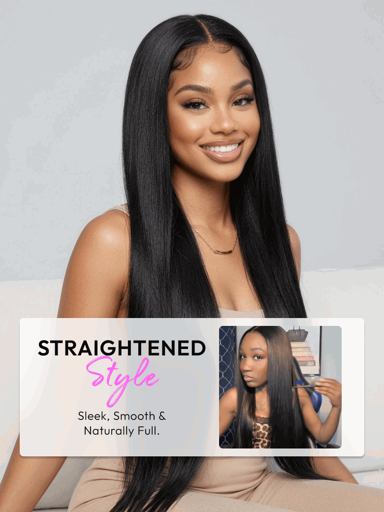 A model displays the UNice 3 Pcs Brazilian Body Wave Bundles - Full Install Ready, 100% Virgin Soft Human, showing straight straight straight straight straight straight.