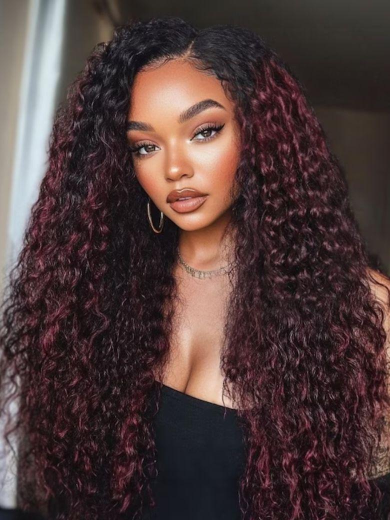 A model displays the UNice 13x4 Pre-Everything Wig Burgundy Plum With Dark Roots Water Wave Wig, showing a model with long curly hair wearing a black top and water wave.