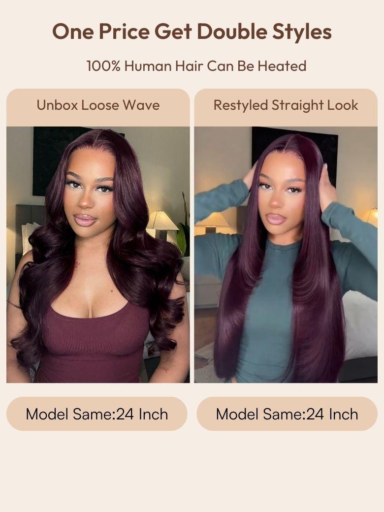 A model displays the UNice 7x5 & 13x4 Bye Bye Slip Glueless Lace Purple Black Cherry Loose Wave & Layered, showing one piece double lace wig and loose wave texture.