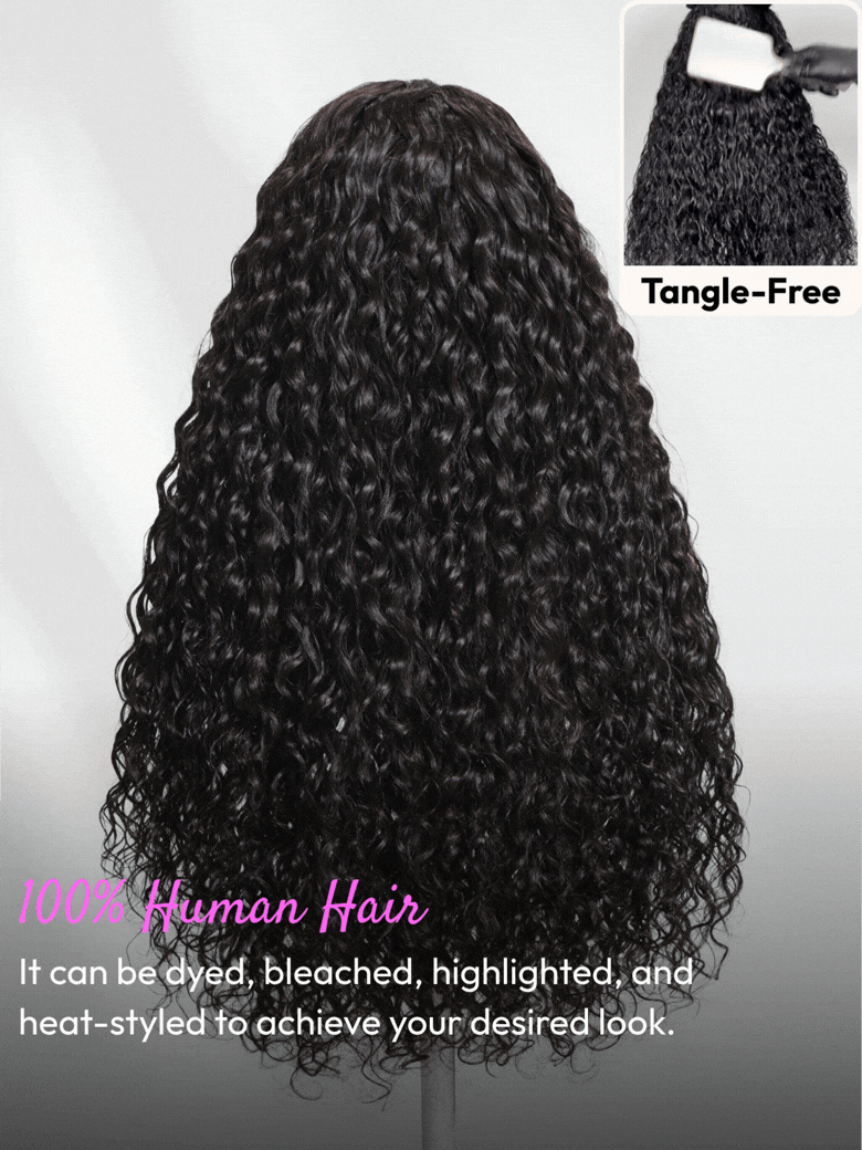A model displays the UNice 7x5 Bye Bye Slip Glueless Water Wave Drawstring Wig With Baby Hair, showing a model with long curly hair and a black wig and water wave.