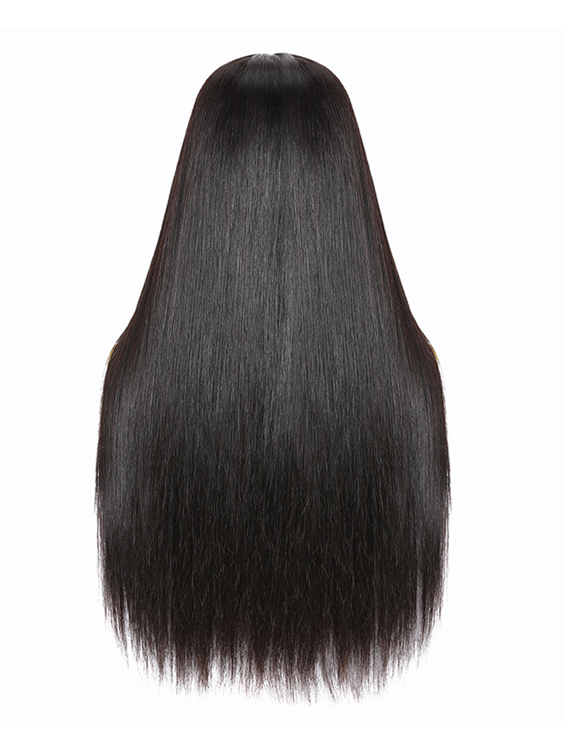A model displays the UNice Straight Middle Part Lace Wig Pre Plucked 150% Density Perfect For Work Or Play, showing a woman ' s long hair and straight texture, lace.