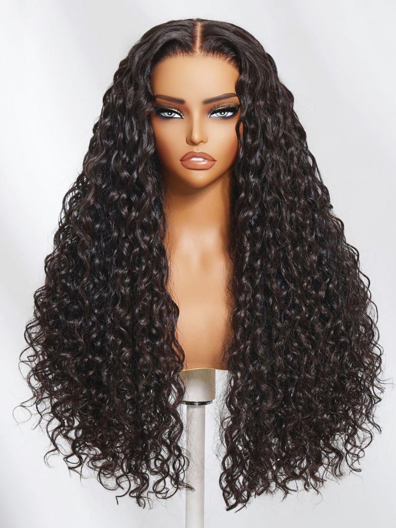The UNice Byebye Knots Wig 7x5 Pre Cut Lace Water Wave Flexible Cap Size Drawstring Wig product image shows a long curly wig with a long, curly hair and water wave.