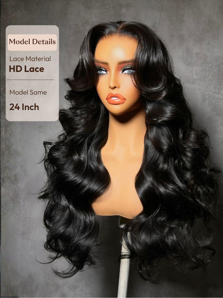 The UNice 7x5 Bye Bye Slip HD & Transparent Glueless Lace Body Wave Lace Front wig image highlights Model Details, Lace Material, HD Lace, Model Same, a wig with long.