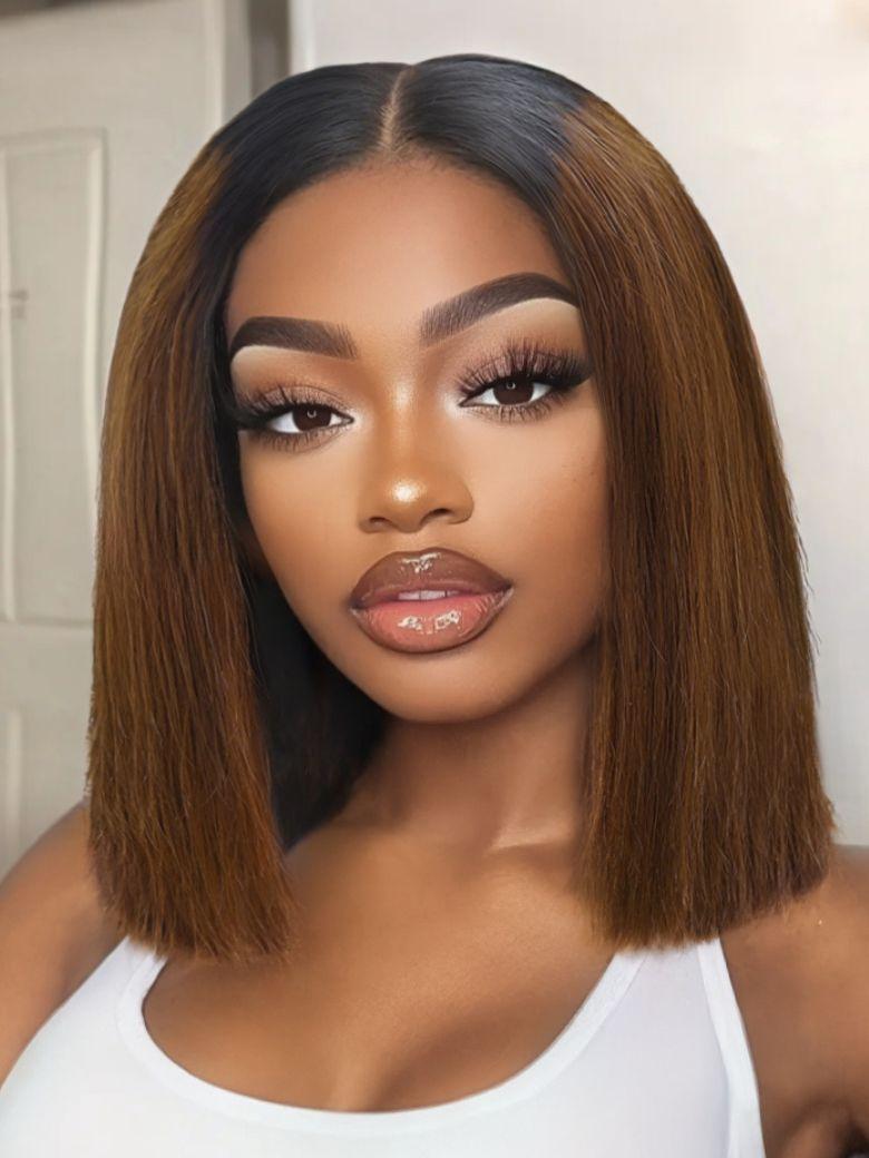 A model displays the UNice 200% Density Wig 2x6 Closure #4 Brown With Dark Root Bob Wig, showing a model with long brown hair wearing a white tank top and 2x6.