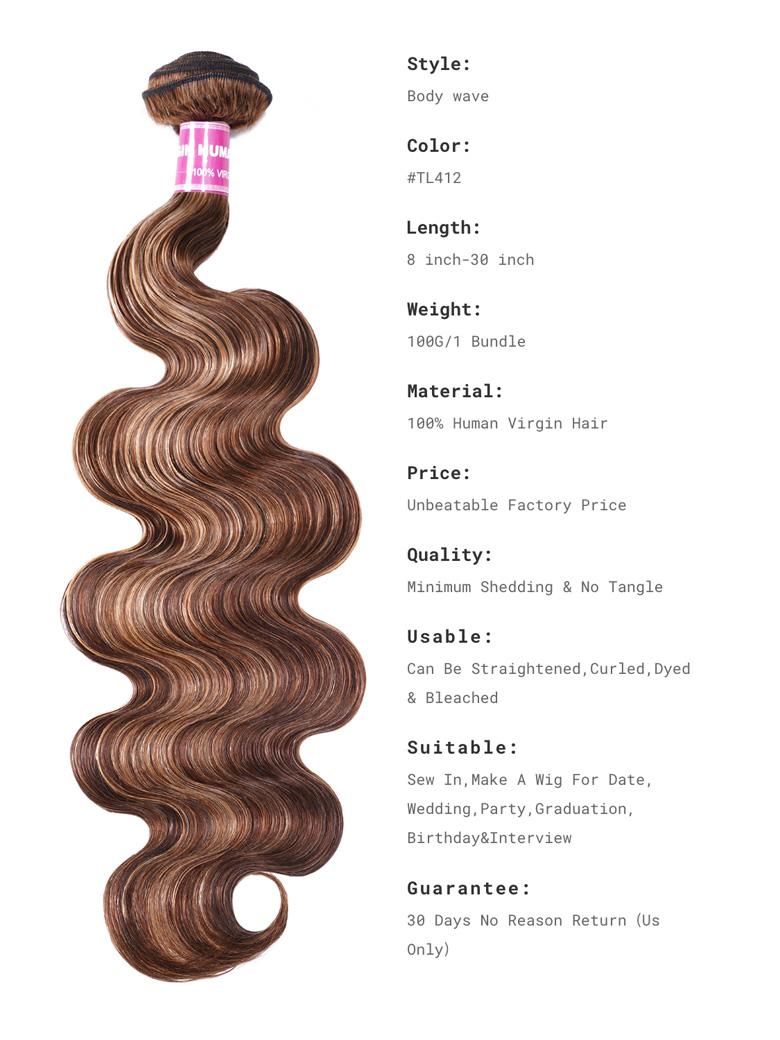 The UNice Luxurious Honey Blonde Highlight Body Wave Human Hair 1 Bundle image highlights Style, Body wave, Color, #TL412, a diagram of the hair extensions and body wave.