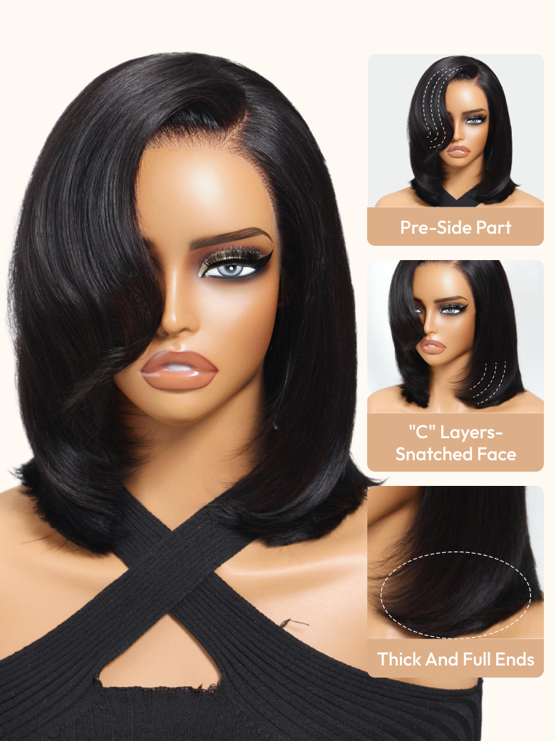 A model displays the UNice Bye Bye Slip 7x5 Lace Side Part Layered Wig With Side-Swept Bangs with, showing a model with long hair and a black wig and 7x5, lace finish.