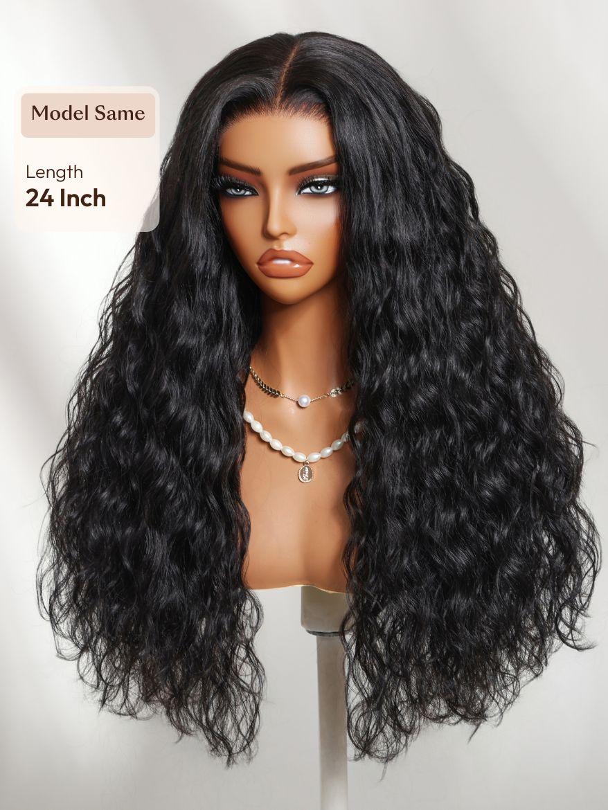 The UNice Invisi Drawstring " 13x4 Pre-Everything Natural Black Micro Water Wave Wig image highlights Model Same, Length, 24Inch, a wig with long curly hair and bangs.