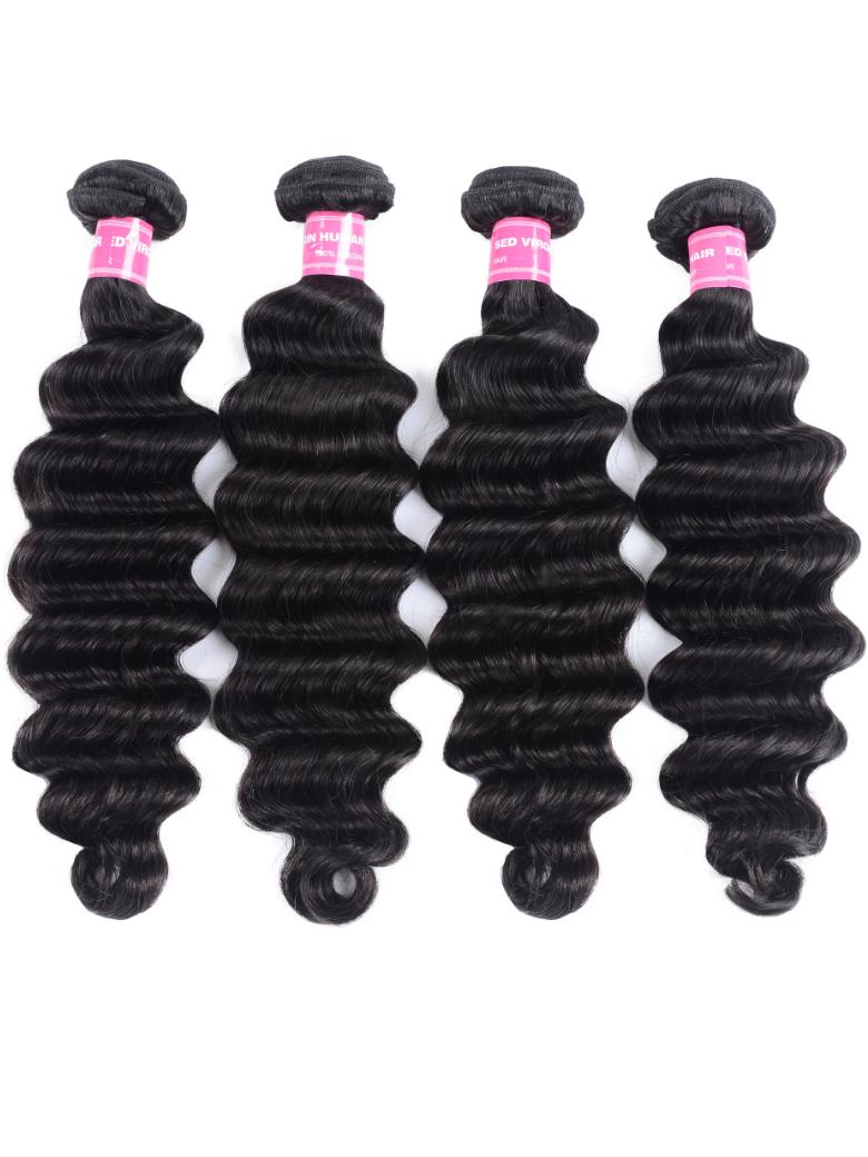 The UNice Hair 4pcs Loose Deep Wave Virgin Human Hair Weft product image shows 3 bundles brazilian virgin hair bundles body wave hair extensions and deep wave texture.