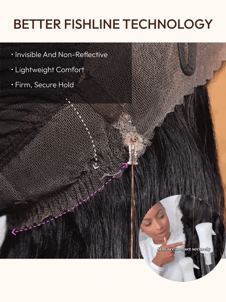 A model displays the UNice Invisible Strap 360 Lace Black Water Wave and Body Wave Wig, showing a model is cutting her hair with scissors and body wave texture, water.