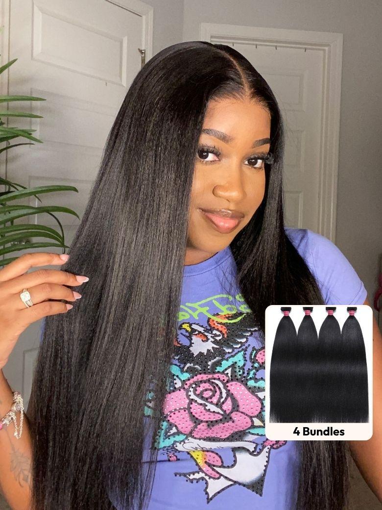 A model displays the UNice Yaki Hair Bundles 4 Pcs/pack Yaki Virgin Human Hair, showing a model with long black hair and a purple shirt and yaki texture.