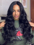 The UNice Body Wave Beginner Friendly V Part Wig 30 Seconds Quick Install Natural Black visual image position 2 shows a model with long black hair wearing a green shirt.