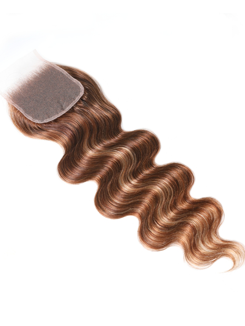 The UNice Honey Blonde Highlighted Body Wave 4x4 Free Part Closure product image shows a wavy body wave with a lace closure and body wave texture, honey blonde.