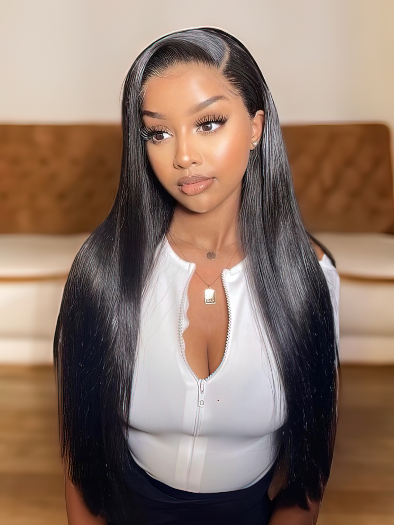 A model displays the UNice 26"-40" 180% Density HD Lace 5x5 Closure Skin Melt Perfect Hairline Glueless, showing a model with long black hair wearing a white shirt.