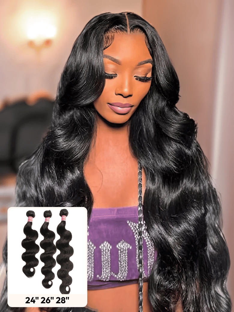 A model displays the UNice 3 Pcs Brazilian Body Wave Bundles - Full Install Ready, 100% Virgin Soft Human, showing brazilian body wave hair bundles and body wave.