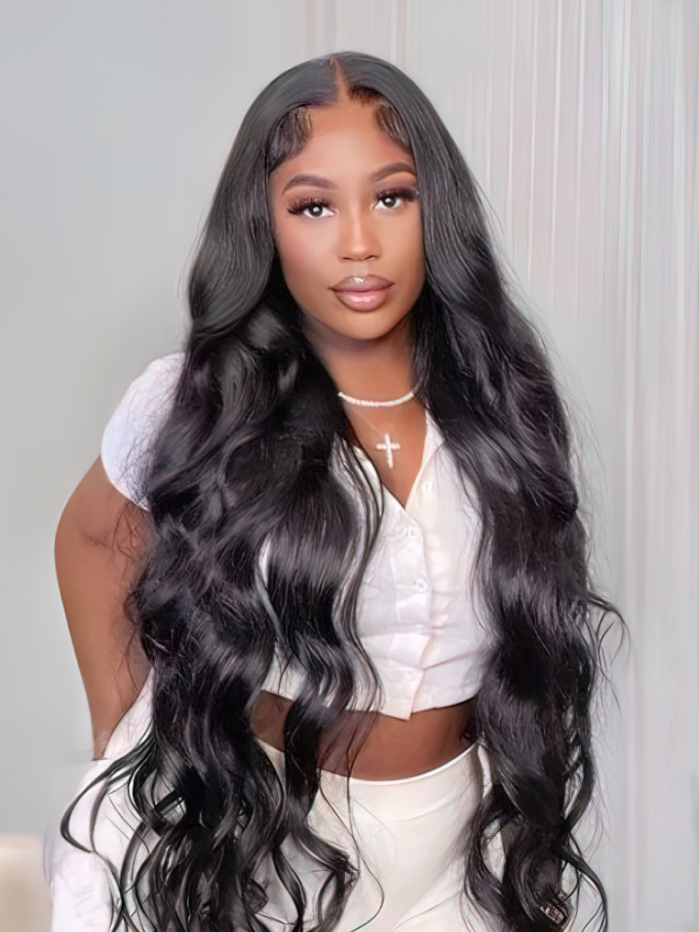 A model displays the UNice 40 Inch 200% Density Undetectable HD Lace Front Body Wave Human Hair Wig Pre, showing a model with long black hair and a white shirt and body.