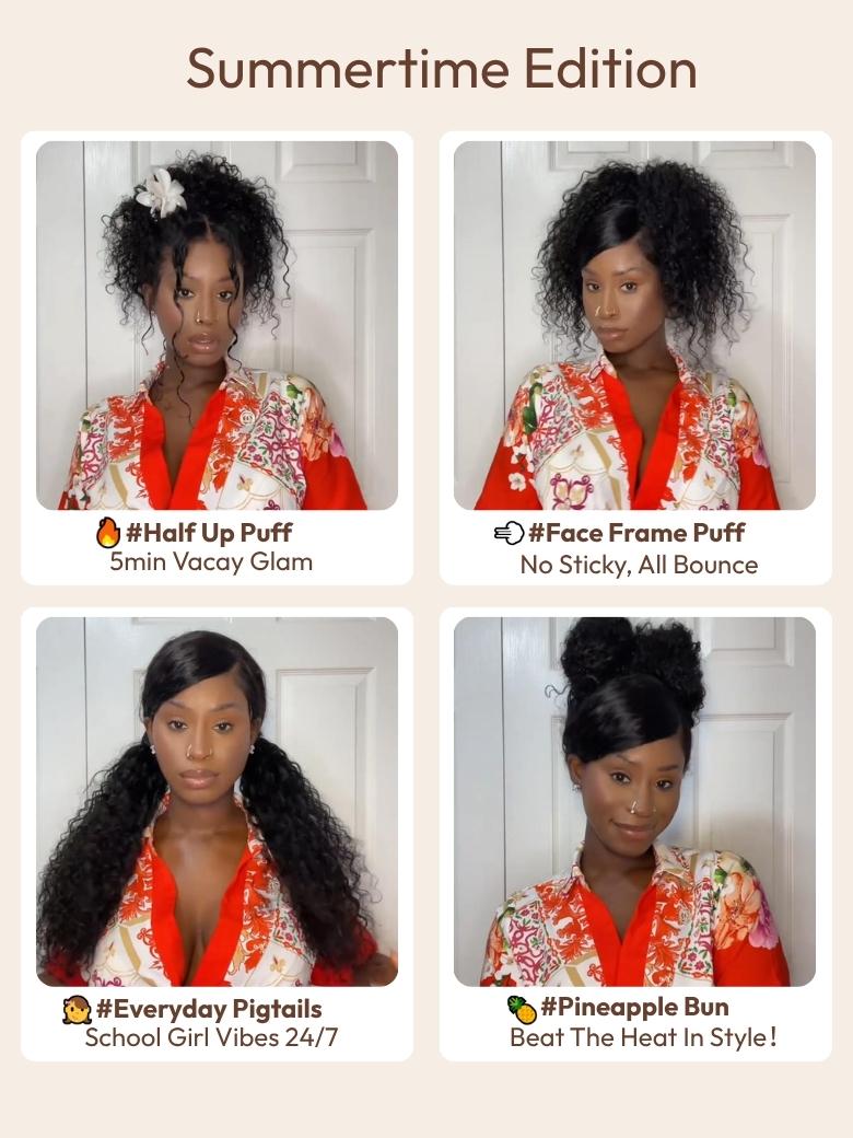A model displays the UNice New In 13x4 Pre-Everything Lace Frontal & 7X5 Lace Natural Black Bouncy Water, showing a model with long curly hair and a red kimono and water.