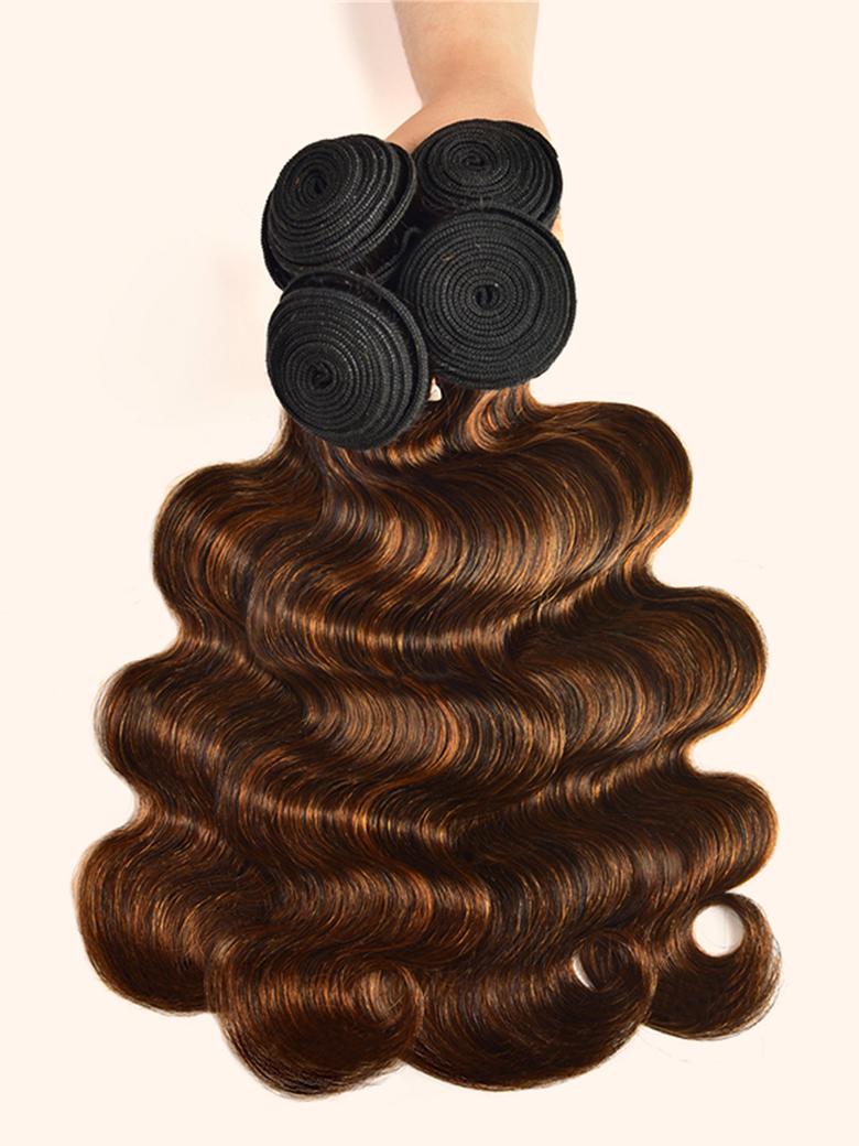 A model displays the UNice Classic Brown Highlight 4Pcs Human Hair Body Wave Bundles, showing a woman ' s hand holding a piece of hair and body wave texture, highlight.