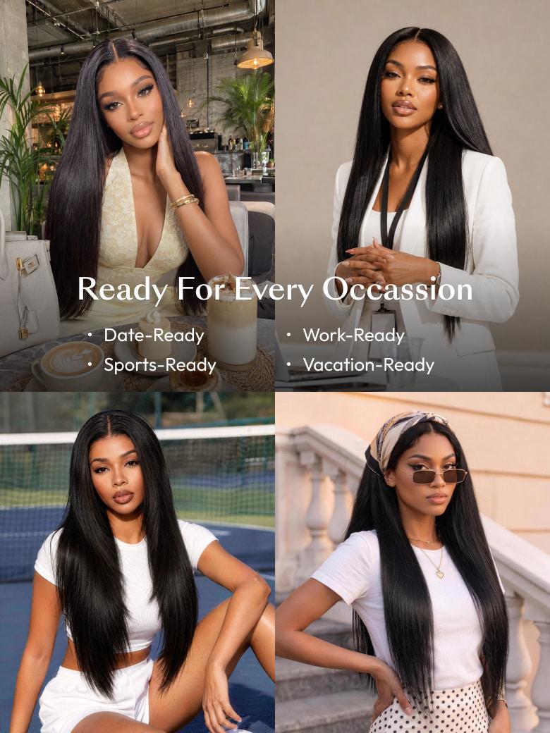 A model displays the UNice 13x4 Bye Bye Slip Glueless Lace Black Straight Bleached Knots Drawstring Wig, showing a model with long hair and a ponytail and straight.