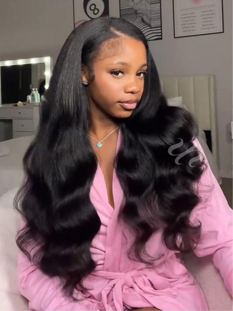 A model displays the UNice 4Pcs Kinky Straight Remy Human Hair Bundles, showing a model with long hair wearing a pink robe and kinky straight texture, straight texture.