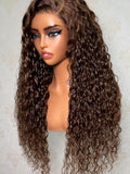 A model displays the UNice 7x5 Bye Bye Slip Lace Ash Brown With Dark Roots Curly Glueless Wig with Invisi, showing a model with long curly hair and glasses holding.
