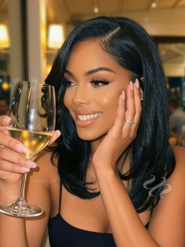 A model displays the UNice Bye Bye Knots 7x5 Lace Pre Side-Part Yaki Straight Wig with Blowout Feathered, showing a woman holding a glass of wine and straight texture.