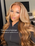 A model displays the UNice 7x5 Bye Bye Knots Wig Glueless Lace Honey Blonde Body Wave Wig With Bleached, showing a model with long blonde hair and a black top and body.