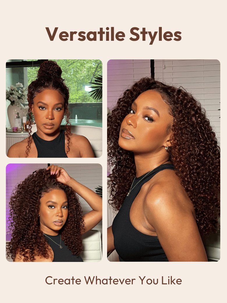 A model displays the UNice Ins Exclusive Discount 7x5 Bye Bye Knots Wig Glueless Lace Jerry Curly Reddish, showing a model with curly hair and a black tank top and jerry.