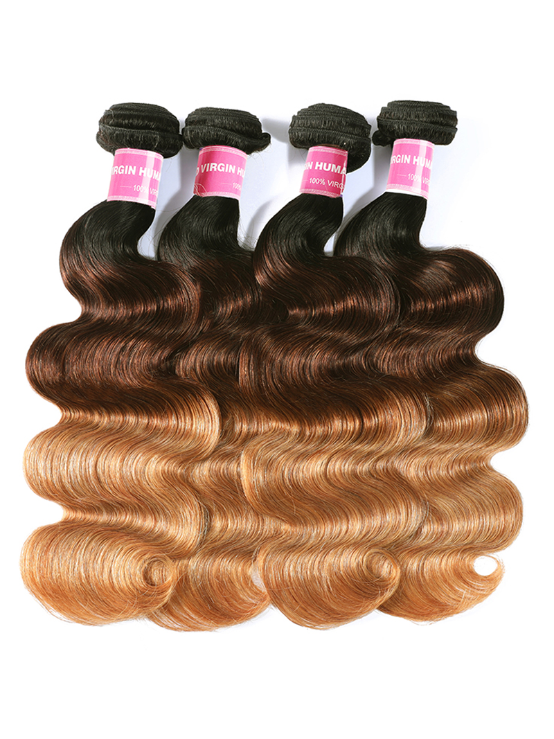 The UNice Brazilian Ombre 4Pcs Body Wave Remy Human Hair Bundles image highlights VIRGINH, HUMA, SGINH, RGINH, three bundles of hair on a white background and body wave.