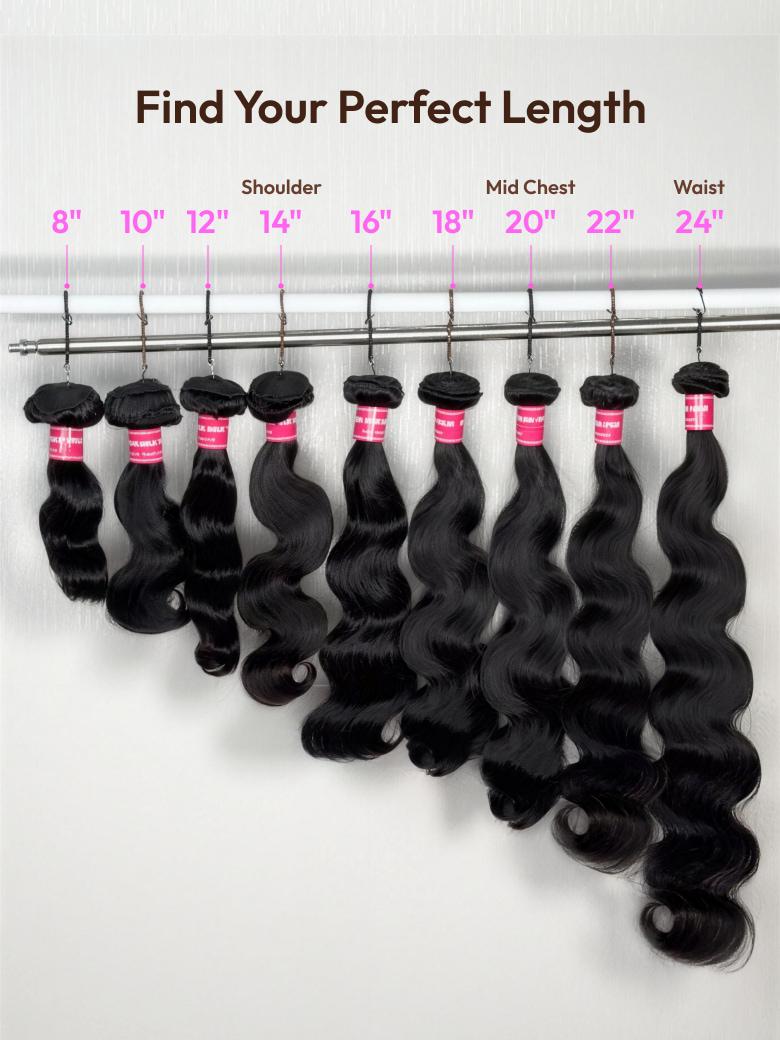 The UNice 3 Pcs Brazilian Body Wave Bundles - Full Install Ready, 100% Virgin Soft Human image highlights Find Your Perfect Length, Shoulder, Mid Chest, Waist.
