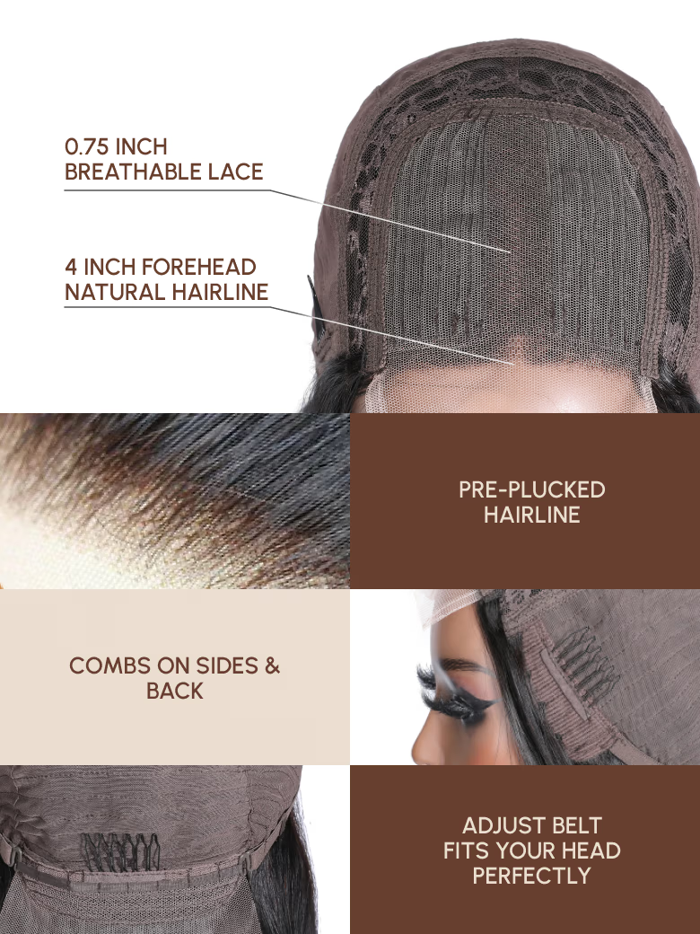 The UNice Two 18" wig $129 HD 5X5 Lace Silky Straight 18" & 4x0.75 Middle Part Lace image highlights 0.75INCH, BREATHABLELACE, 4INCHFOREHEAD, NATURALHAIRLINE, the hair.