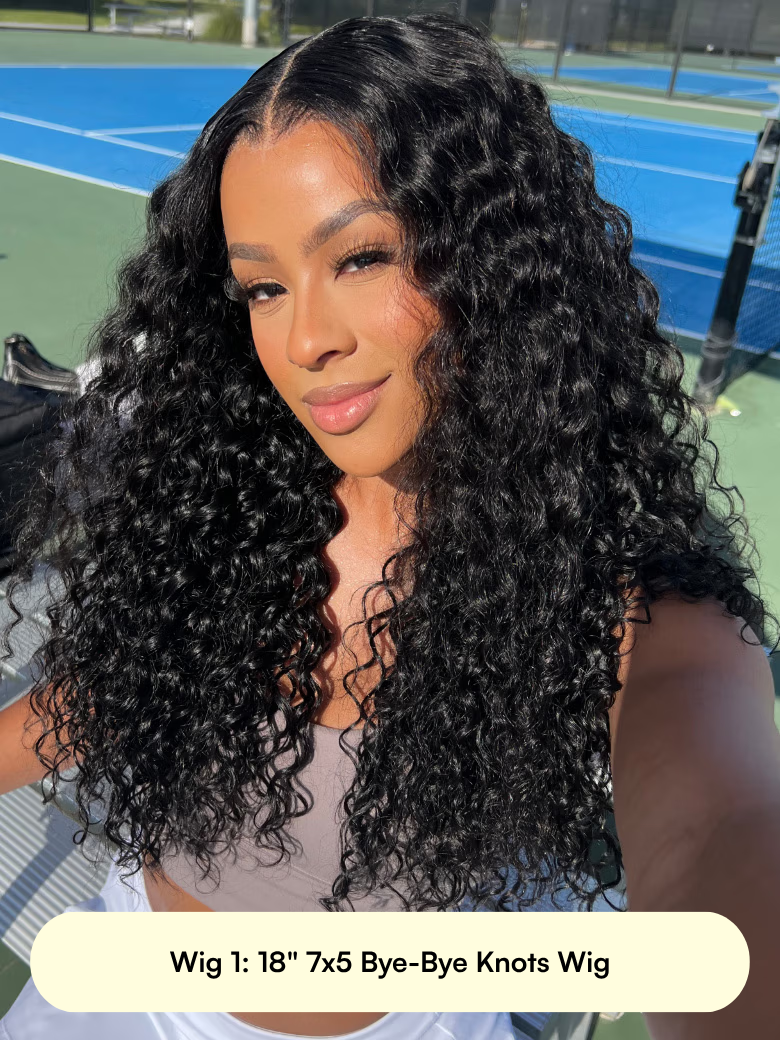 A model displays the UNice Summer Ready HD Lace Wig Only $99, showing a model with long curly hair and a tennis court and lace finish.
