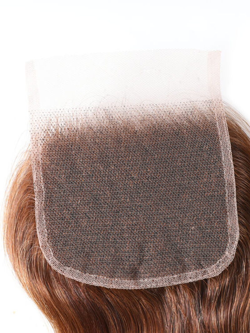 The UNice Honey Blonde Highlighted Body Wave 4x4 Free Part Closure product image shows a piece of hair with a piece of lace and body wave texture, honey blonde.