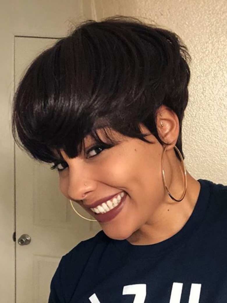 A model displays the UNice 7x5 Byebye Knots Lace Black Cherry Layered Straight Hair Wig 150% Density, showing a model with short hair wearing a black t - shirt.