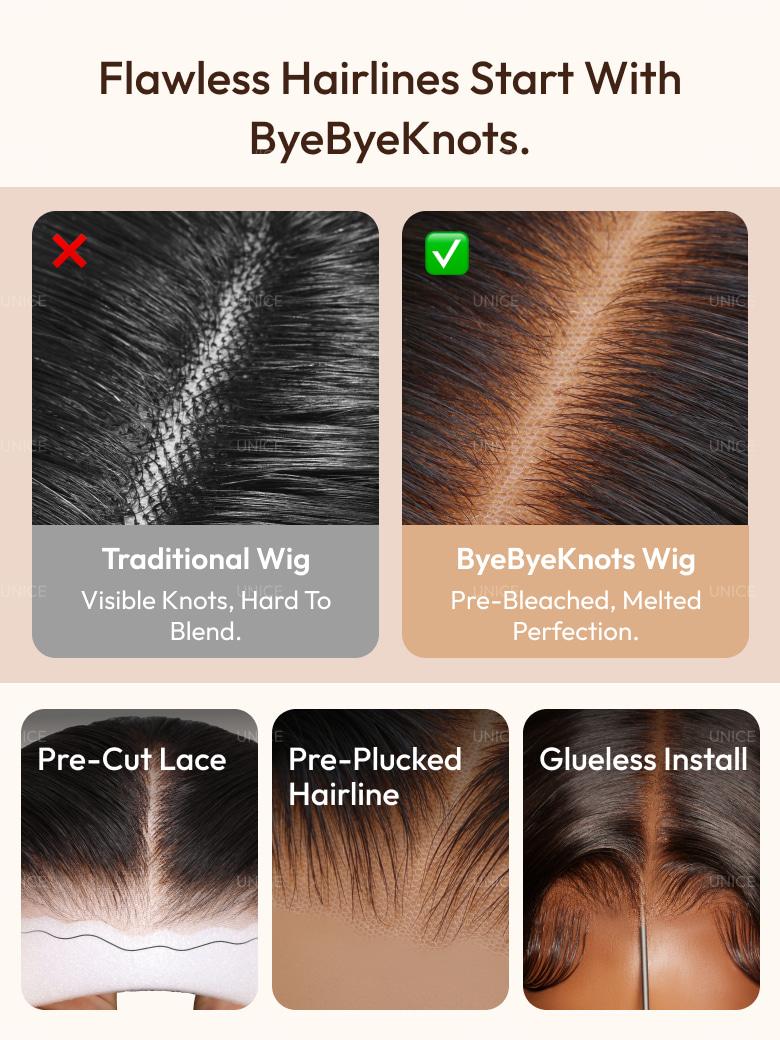 The UNice Bye Bye Slip 7x5 Lace Glueless Auburn/Red Brown Type 3/4-Inspired wig image highlights FlawlessHairlinesStartWith, ByeByeKnots, DNICE, Traditional Wig.
