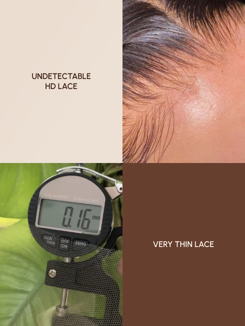 A model displays the UNice 26"-40" 180% Density HD Lace 5x5 Closure Skin Melt Perfect Hairline Glueless, showing a model with a digital scale and a digital scale.