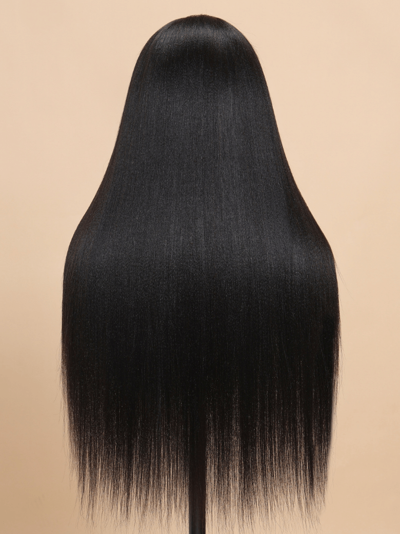 The UNice Ins Only 26" At 24" Price Black Yaki Straight 7x5 Bye Bye Knots Glueless Lace wig product image shows a black wig with long hair on a mann and straight.