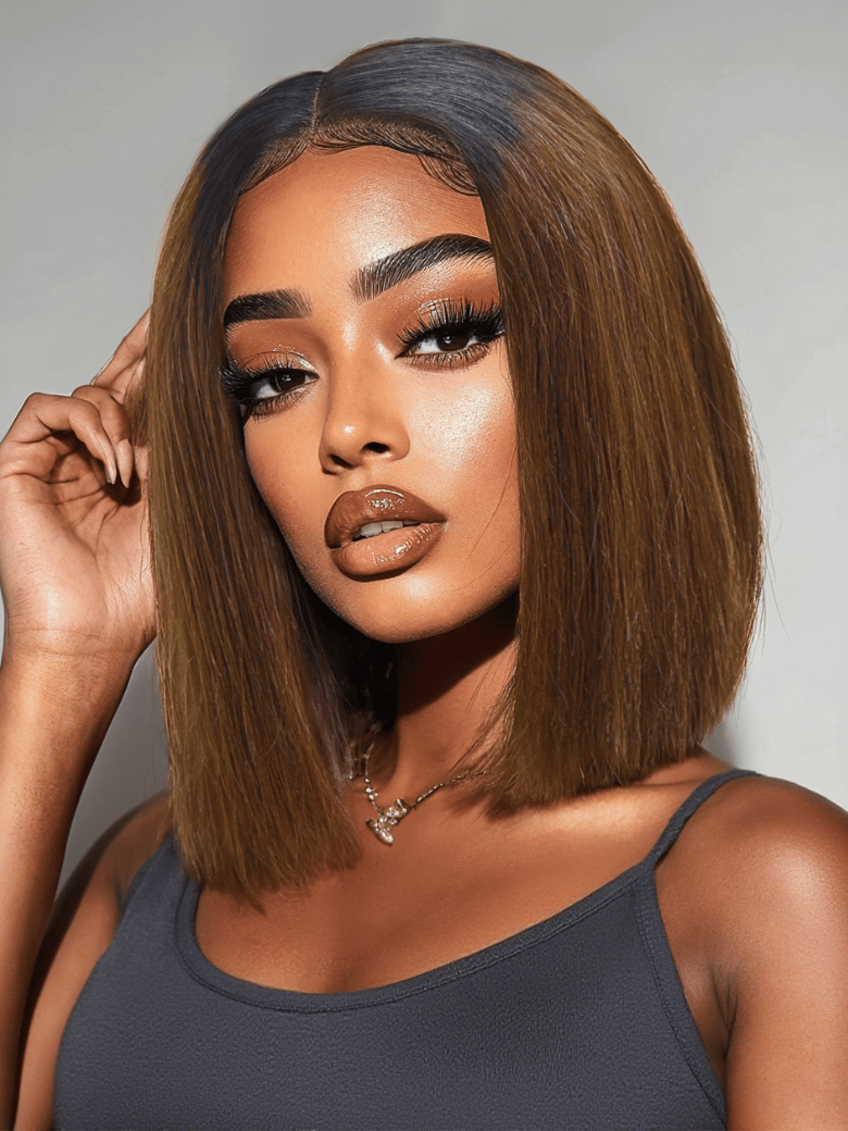 A model displays the UNice Ins Only 200% Density 2x6 Closure #4 Brown With Dark Root Bob Wig, showing a model with a brown hair and a black top and 2x6.