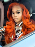 A model displays the UNice Hair #350 Color Virgin Hair Weave Ginger Hair 1 Piece Hair Bundle Body Wave, showing a model with orange hair sitting in a car and body wave.