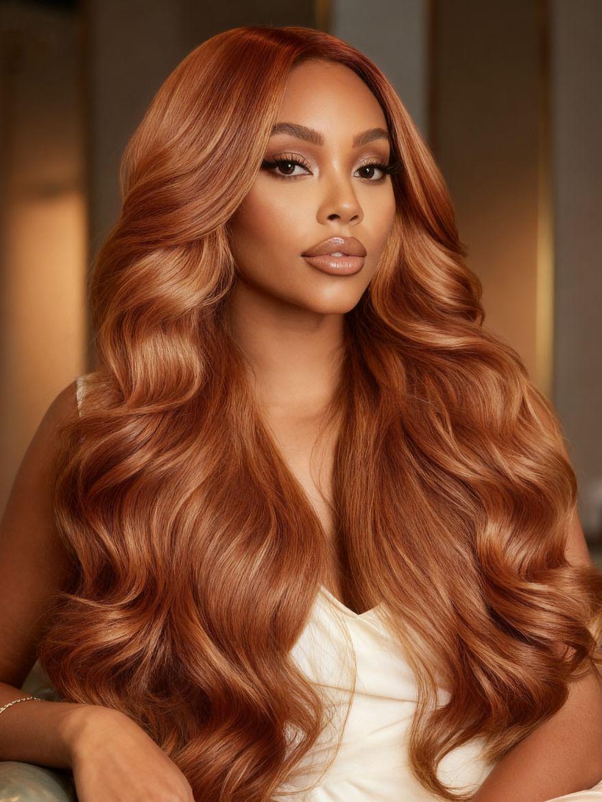 A model displays the UNice Limited Quantity Pumpkin Spice 13x4 Pre-Everything Lace Frontal Side Part, showing a model with long red hair and a white dress and loose wave.