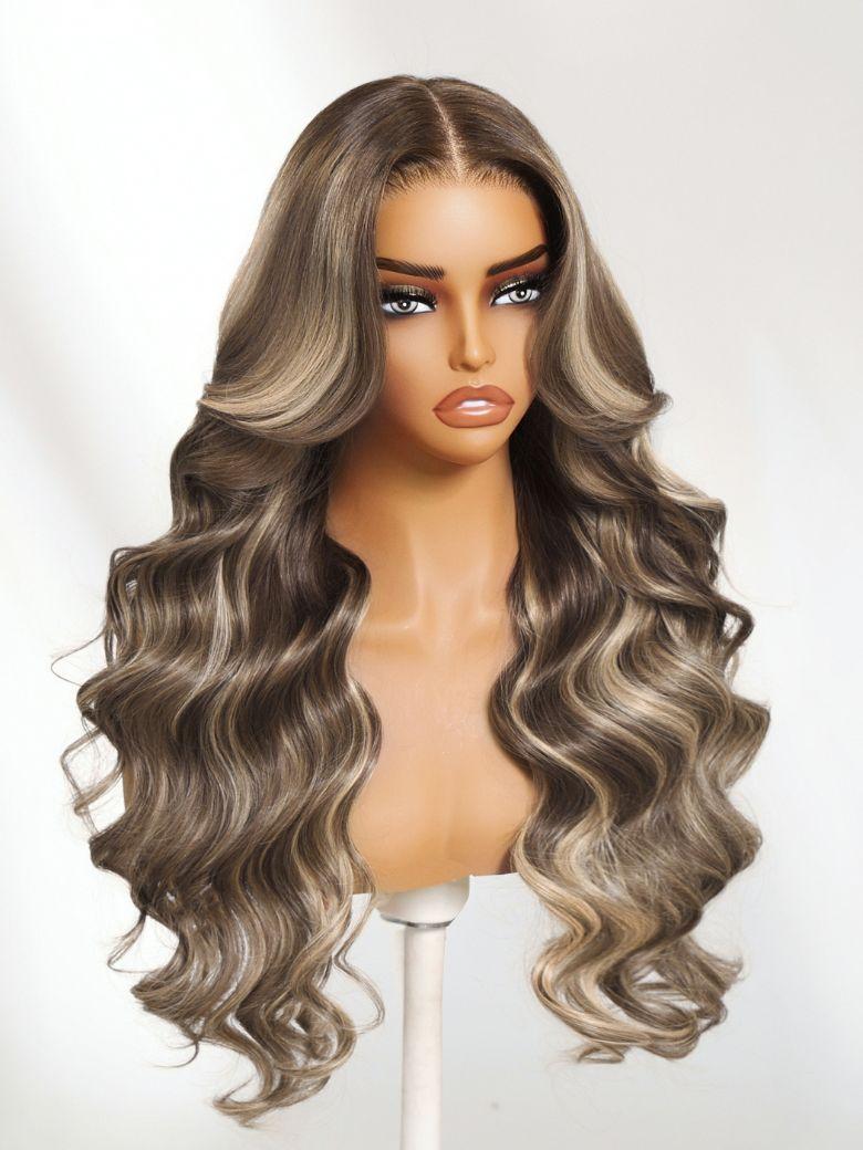 The UNice 13x4 Pre-Everything Lace No Slip Frontal Ash Brown Blonde Highlights Loose product image shows a wig with long wavy hair and a brown base and loose wave.