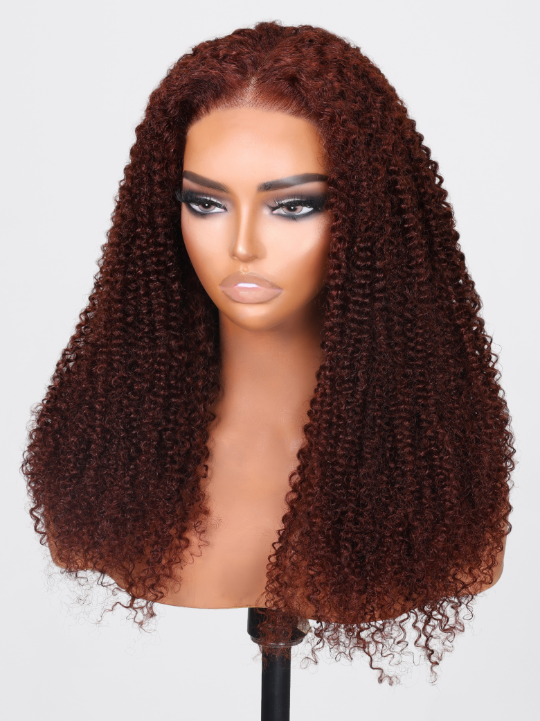 The UNice 6x4.5 Pre Cut Transparent Lace Bleached Knots Put On And Go Reddish Brown wig visual image position 6 shows a wig with curly hair on a mann | kinky curly.