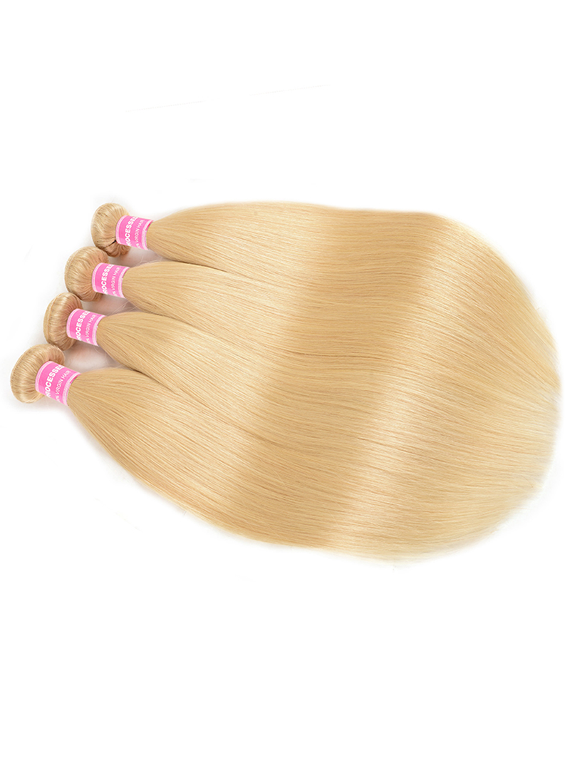 The UNice 4PCS 613 Blonde Hair Weave Bundles Straight Virgin Human Hair image highlights CC, ((C, blonde blonde straight hair extensions and straight texture, 613.