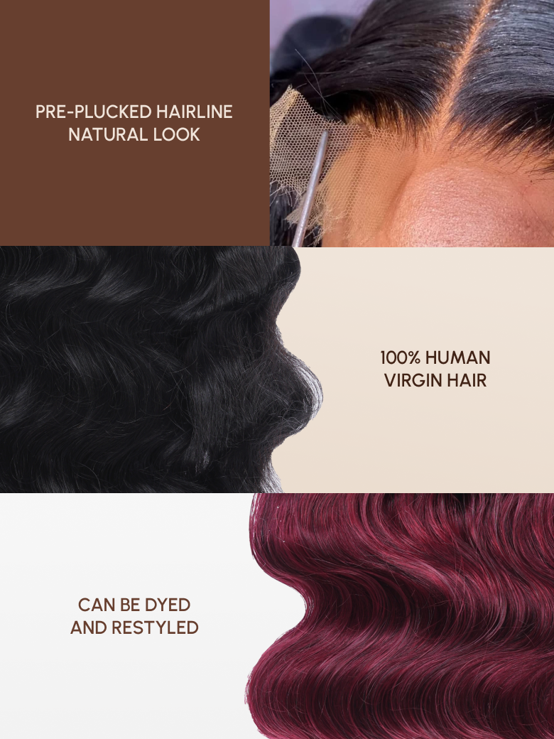 The UNice 26" Burnt Orange 13x4 Lace Front Wig 200% Density With Butterfly Wolf Layered Cut image highlights PRE-PLUCKEDHAIRLINE, NATURALLOOK, 100%HUMAN, VIRGINHAIR.