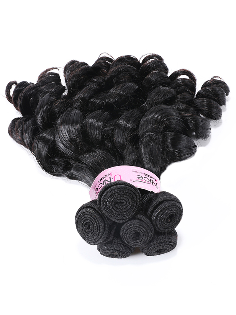 The UNice Funmi Curly Tight & Neat Human 1 Bundle Virgin Hair Natural Color image highlights Nice, SIN, virgin hair bundles and curly texture, bundle fullness.