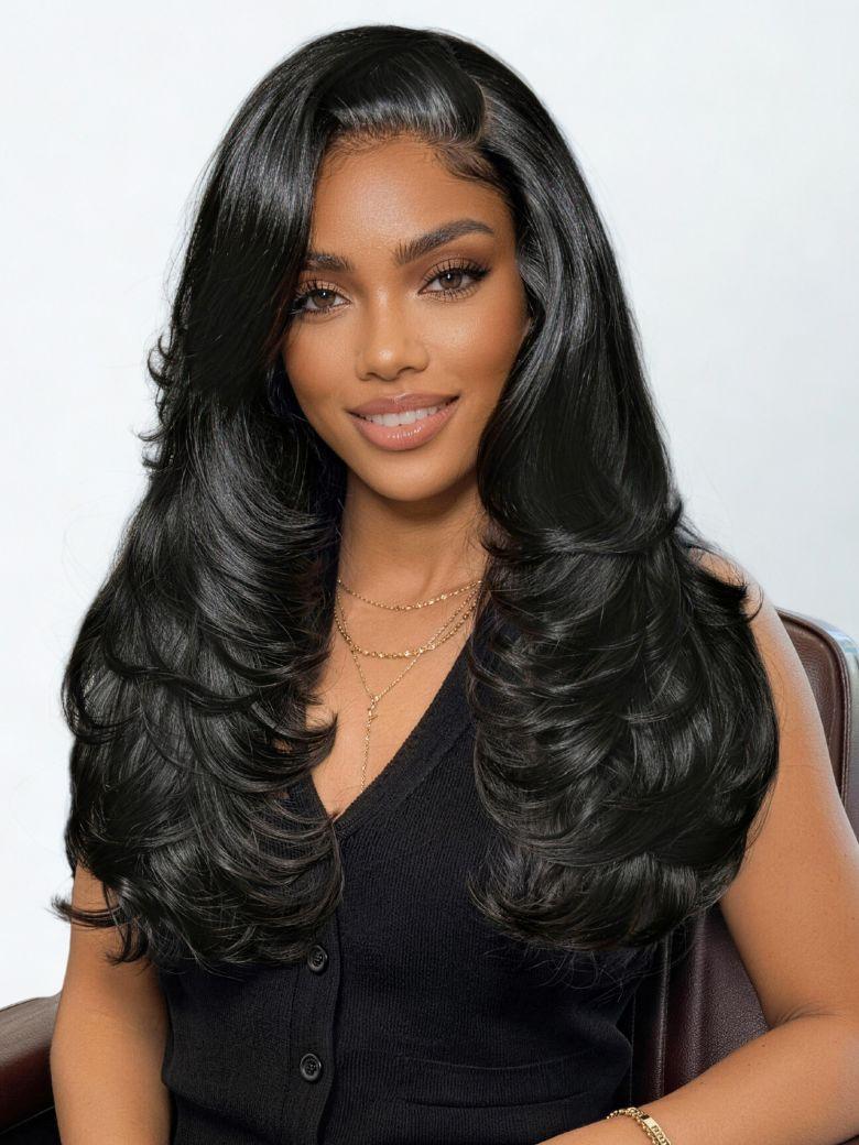 A model displays the UNice 7x5 Bye Bye Slip Lace Feathered Blowout Wig with Face-Framing Layers and Deep, showing a woman wearing a long black wig and 7x5, lace finish.