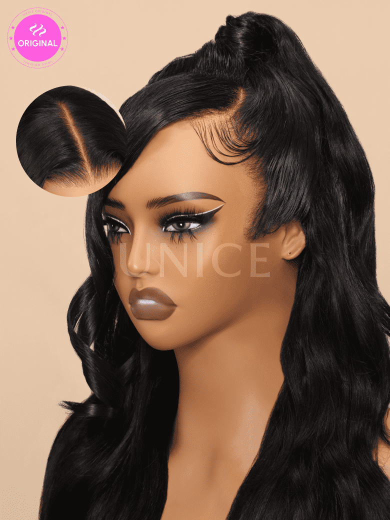 A model displays the UNice Pre-Everything 13x4 Lace Frontal Honey Blonde Highlights Jerry Curly Wig, showing a model with long black hair and a black wig and jerry curl.
