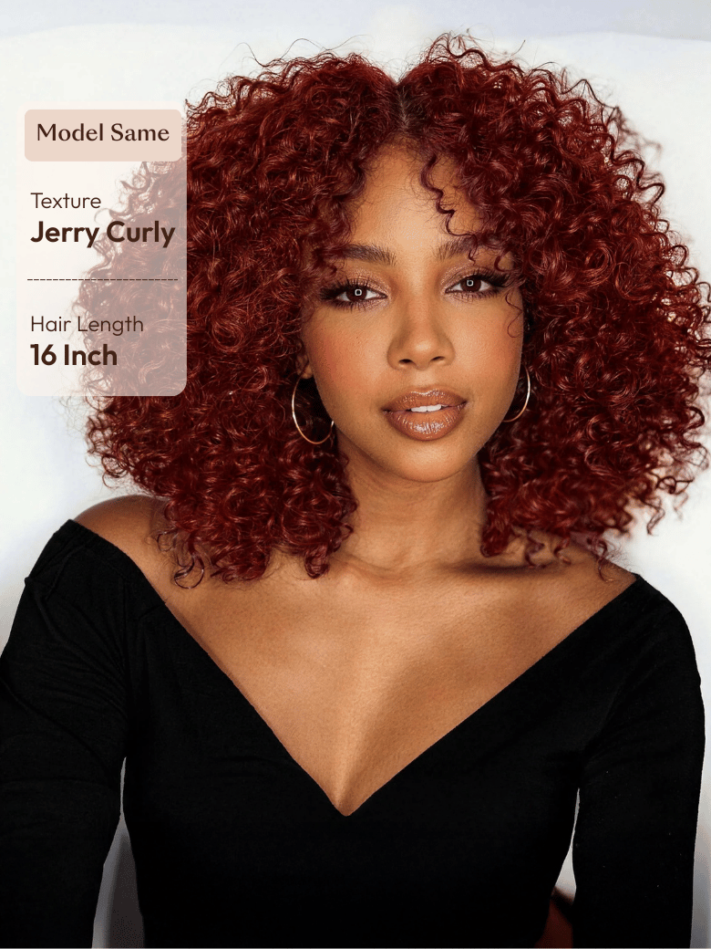 A model displays the UNice 7x5 Bye Bye Knots Wig Glueless Lace Sunset Reddish Brown Jerry Curly/ Afro, showing a model with red hair and a black top and straight.