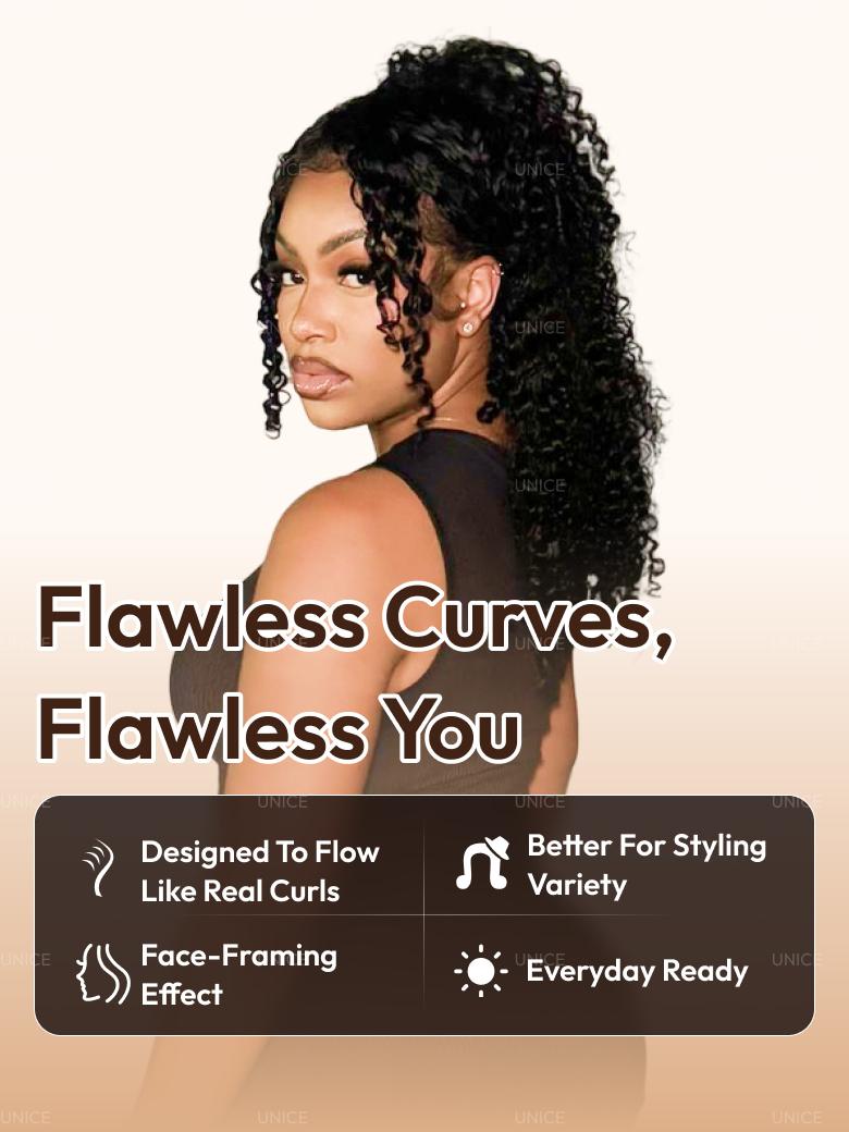 A model displays the UNice With Drawstring Invisi Blend V Part Bouncy Water Wave Curly Seamless Blending wig, showing a model with curly hair and a black dress and water.