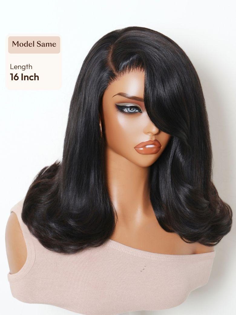 A model displays the UNice Allofdestiny Same UNice Bye Bye Slip 6x4 Glueless Lace "C" Side Part Loose wig, showing a model with long black hair and a white dress.